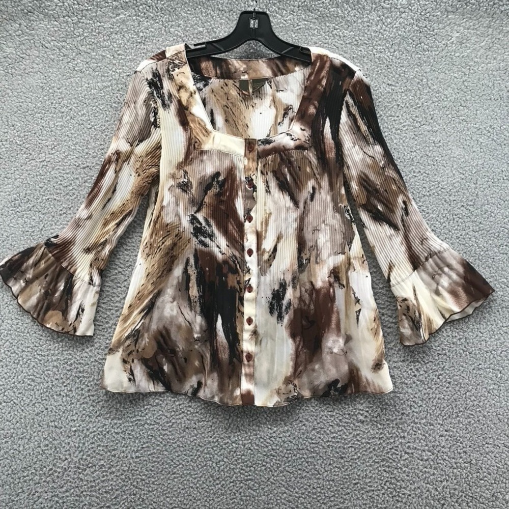 Serenade Womens Long Sleeve Sheer Blouse Partial Pleats Brown & White Size S